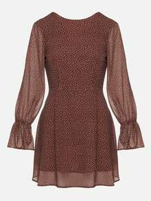 Vices Polka Dot Puff Sleeve Flared Dress - Brown - View 6
