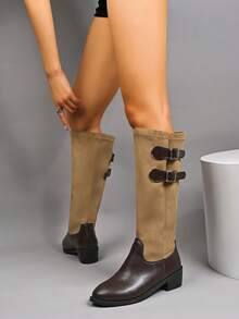 Westlicher Stil Schlüpf-Stiefel modisch sexy vielseitig Kniehohe Stiefel, bequeme & schöne Kniehohe Stiefel mit niedrigem Absatz rutschfest für Frauen, Outdoor Country Resort Kniehohe Stiefel, Schneestiefel, Wadenlange Stiefel, Plateau Dicksohlenstiefel, Reitstiefel, Kampfstiefel, wasserdichte Plateau Laufschuhe, Wanderschuhe, Stiefel mit Plateauabsatz, Patchwork Stiefel, Kniehohe Modestiefel