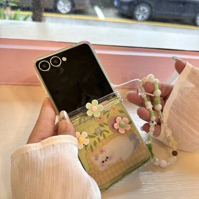 Sött blommigt och kattliknande telefonskal med kedja, tunt och snyggt, kompatibelt med Samsung Galaxy Z Flip3 5G/Galaxy Z Flip 4 5G/Galaxy Z Flip 5 5G/Galaxy Z Flip 6 5G/Galaxy Z Flip 7 5G