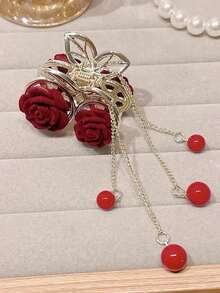 Presilha de cabelo feminina pequena com strass, rosa e borboleta, ideal para uso diário no outono e inverno. Acessório elegante para cabelo, perfeita para looks de férias e para o verão. - Vermelho - Ver 7