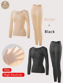 2Set Thermal Set Women Seamless Black Pink Top Ultra-Thin Solid Thermal Underwear Warm & Comfy Long Sleeve Round Neck Traceless Undershirts Slim Fit High-Elasticity Women's Beige Base Layer Sheer Tops Casual Warm For Autumn And Winter Thin Fabric Basic Base Shirt