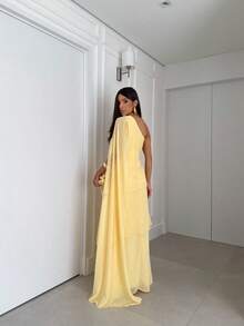 Elegant Simple Elegant Long Dress With Asymmetrical Cape Sexy Party Chiffon Asymmetrical Wedding Summer - 黃色 - 查看 2