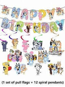 Bluey 1 طقم أعلام قابلة للسحب + 12 علامة حلزونية ديكور حفلة عيد ميلاد بموضوع بلوي الجميل، هدايا