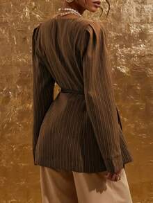 女式条纹泡泡长袖休闲夹克，秋季 - 咖啡棕 - 查看 4