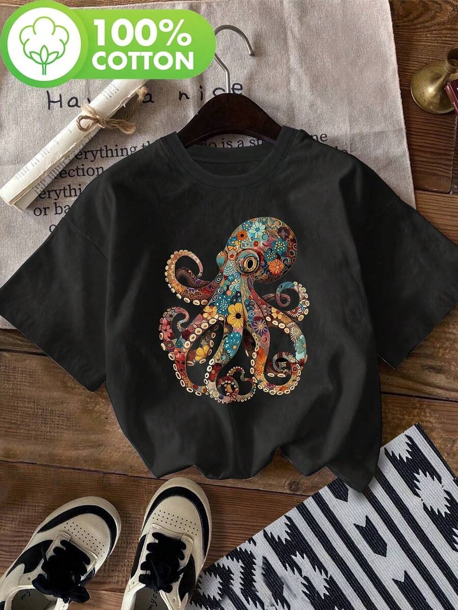 Vintage Floral Octopus Print T-Shirt, Short-Sleeve Round Neck Casual Top, Suitable for Summer And Spring, Women'S Clothing.