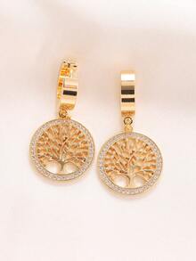1pair Fashion Simple Stainless Steels Rhinestone Tree Of Life Drop Earrings For Women Glamour Party Jewelry Gifts