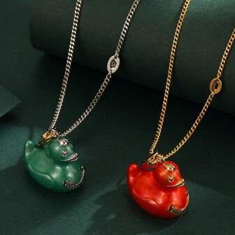1pc Elegant 3D Enamel Glazed Rubber Duck Pendant Necklace, Cute & Fashionable Duck Keychain Charm, Versatile Daily Wear For Women