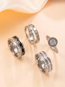 4pcs Fashionable Luxury Roman Numeral Rhinestone Stainless Steel Ring Set, Suitable For Teenage Girls Daily Wear