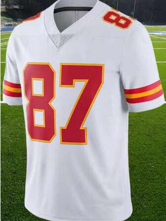 Men's No.87 Breathable American Football Jersey, V-Neck Short Sleeve Uniform Shirt Suitable For Training, Match, Party