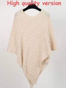 1pc Solid Color Hollow Out Bat Wing Tasseled Knit Poncho For Dress