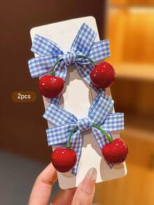 2pcs Red Cherry Bow Hair Clips, Sweet Style Side Clips For Girls, Suitable For Daily Use - Blue - View 9