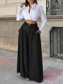 2026春夏新款女士纯色休闲优雅街头外出约会度假褶皱阔腿高腰黑色长裤，情人节裤装，春节裤装，女士长裤，女士阔腿裤，女士阔腿裤，女士长裤，女士办公装，春季服装，裤子，办公装，优雅女士服装，度假，夜店装，女士春季装，女士度假装，夏季度假装，夏季，女士生日装
