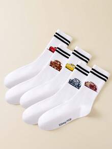 5/1 Pair Disney Men's Mid-Calf Socks, Black With Double Stripes And Car Pattern, Sports Socks - White - View 8