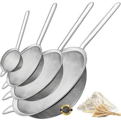 Coladores de Malla Fina de Acero Inoxidable, Coladores de Cocina Harina para Hornear Colador de Pasta con Largo, 4 Medidas Diferentes (8.5cm, 12cm, 18cm, 22cm)