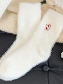 5pairs/1pair Autumn/Winter Women's Socks, White Faux Fur Christmas Socks With Snowman, Santa Claus, Christmas Tree Elements, Thick & Warm, Suitable For Christmas, Christmas Party, Christmas Decoration, Christmas Costume [Styles May Be Random]