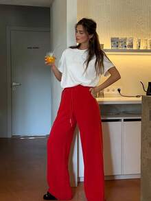 女式红色阔腿运动裤 - 高腰抽绳宽松休闲裤，秋冬休闲慢跑裤，柔软舒适的运动健身裤，街头时尚 Y2K 工作办公室套装，舒适假日保暖下装 - 紅色 - 查看 4