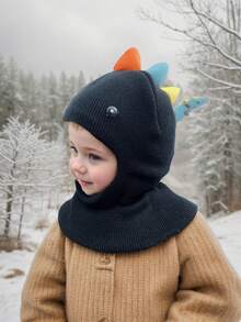 1pc Toddler Boys' Dinosaur Hooded Scarf Hat, Baby Knitted Balaclava Beanie Cap, Warm Winter Hat