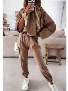 2 Stücke /Set Damen lässig einfarbiger Hoodie und Jogginghose, Herbst/Winter - Kaffeebraun - Übersicht 1