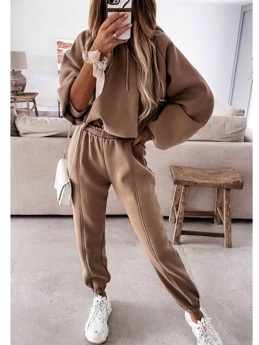 2 Stücke /Set Damen lässig einfarbiger Hoodie und Jogginghose, Herbst/Winter - Kaffeebraun - Übersicht 1