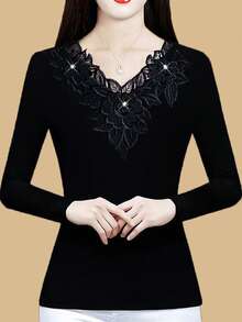 Contrast Lace V-Neck Long Sleeve Lace Trim Loose Fit Top, Flattering & Versatile - Black - View 2