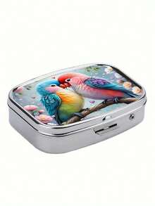 1 pieza Caja de metal para pastillas con 2 compartimentos y diseño de gatito bajo un paraguas, caja de pastillas portátil y mini para viaje o uso diario