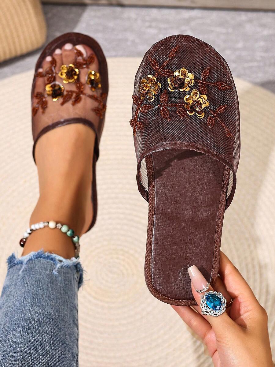 2025 New Handmade Beaded Fine Mesh Slip-On Slippers, Suitable For Indoor And Outdoor Wear - Brown - View 1