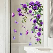 Autocolant autoadeziv cu trandafir violet și fluture pentru sticlă, autocolant floral detașabil pentru casă, baie, decorare fereastră, decor de perete, decor cameră, autocolante de perete, autocolante de perete, decor pentru casă