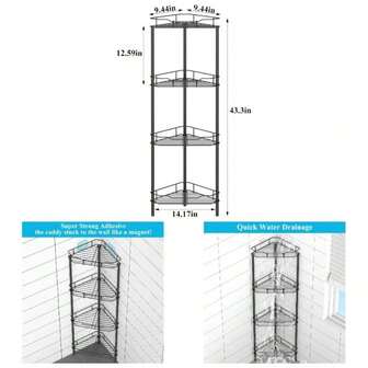 4 Tier Floor Standing Corner Shower Caddy Organizer Shelf With Hooks, Bathroom Shelves Stand Rack, Black