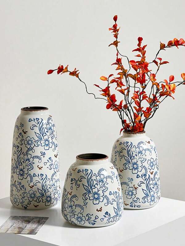Jarrones cerámicos vintage, porcelana antigua moteada azul y blanca, nuevo estilo chino para sala de estar, mesa de té, arreglos florales, decoración ornamental