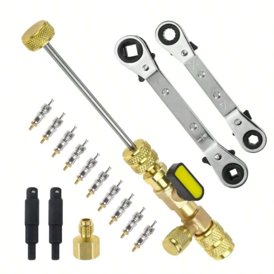 Valve Core Remover Installer Tool & HVAC Service Wrench Set With Hex Bit Adapters, Dual Size SAE 1/4 & 5/16 Port,3/8'' To 1/4'', 5/16'' X 1/4'' Refrigeration Service Wrench,10pcs Valve Core