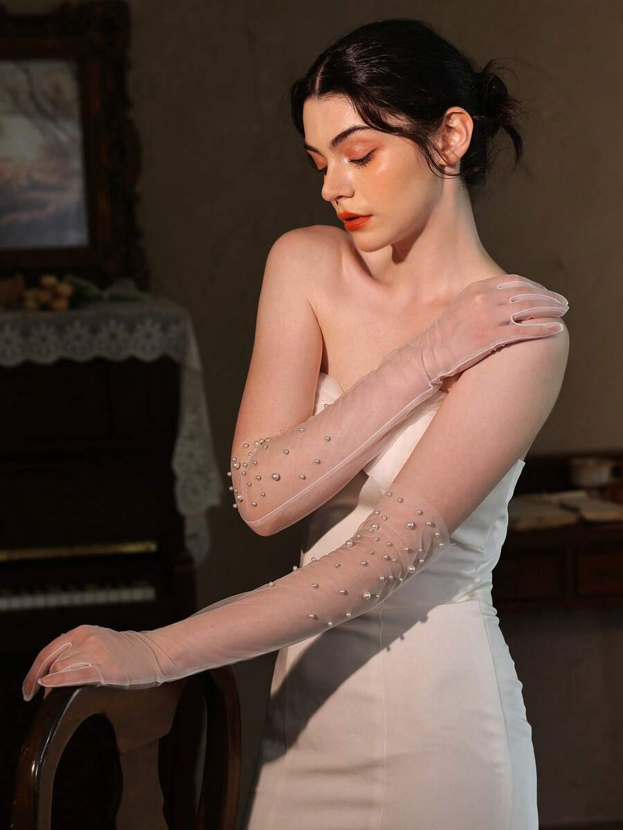 1 双优雅白色长串珠网新娘手套，婚礼派对摄影道具配件秋季配饰