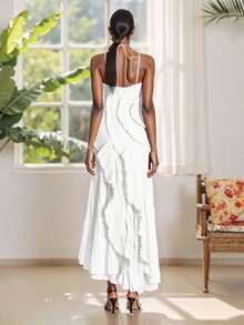 Women's Ruffle Halter Dress Sleeveless Solid Color Long Flowy Dress Summer A-Line Dress - Ngà voi - Xem 7