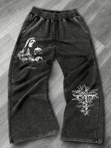 Pantaloni lungi spălați cu șnur pentru bărbați, culoare închisă, cu poster vintage - Negru - Vizualizare 1