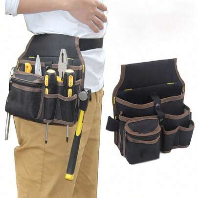 1pc Black Multi-Functional Canvas Tool Storage Bag, Electrician Tool Belt Pouch, Drill Holster, Wrench, Screwdriver, Hardware Tool Bag, Storage Bag, Non-Waterproof Electrician Repair Tool Bag, Washable, Multiple Compartments For Easy Tool Organization, Repair Tool Bag, Tool Belt, Includes Hammer, Drill And Screw Fastener, Tool Bag, Electrician Tools