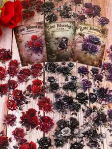 30pcs/Pack Vintage Rose Floral Stickers, Creative Aesthetic Sticker Decals, Holiday Gift, DIY Decoration Scrapbooking Craft Supplies, Personalized Sticker Album School Stationery - Black - View 3