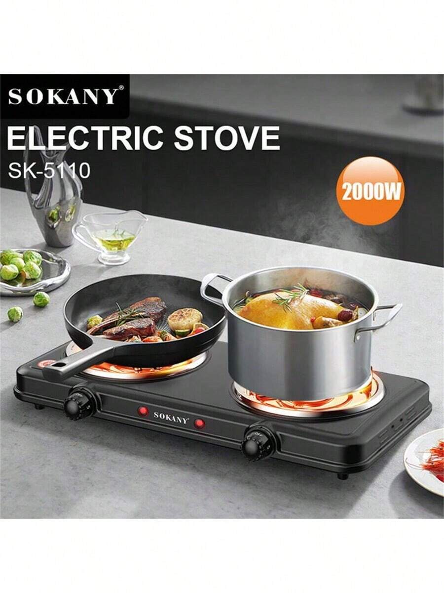 SOKANY SOKANY Electric Stove, Electromagnetic Stove Table, Portable Cooking Electric Heating Plate, Dual Stove Design, 2000W High Power, 5-Speed Temperature Control, Stainless Steel Surface, Heating Indicator Light, Built-In Temperature Control, Overheating Protection.Suitable For All Cookware, Very Suitable For RV/Family/Camping/Apartment/Laboratory