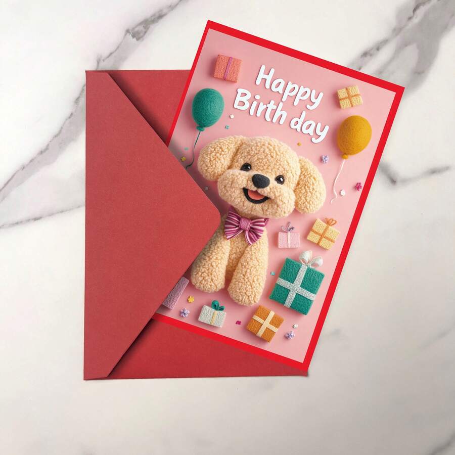 2D 1pc/2pcs Cute Paper Birthday Card With Felted Dog Art Print And Envelope – High-Quality, Personalized Greeting For All Ages, Pink Background With Balloons And Gifts Design, English Language, Perfect Gift For Everyone, Birthday Card