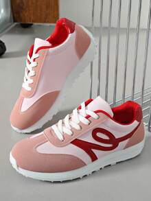 1 Pair Women's Lace-Up Low-Top Soft Sole Casual Sneakers, Sporty & Versatile - Pink - View 2