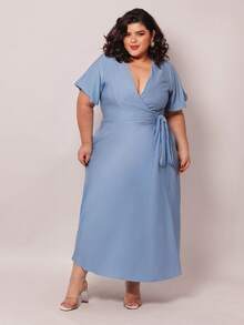 Women's Social Plus Size Midi Dress With Bow At The Waist Plain Short Sleeve Round Evangelical For Church Congress, Godmother And Wedding! - Màu xanh nhạt - Xem 3