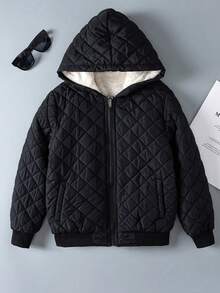 1pc Teenage Boys' Thermal Lined Warm Casual Solid Color Outdoor Hooded Jacket, Winter - Black - View 3