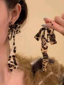 Autumn Leopard Print Tassel Bow Decor Large Hoop Earrings, Lightweight Luxurious Elegant Hoops (Leopard Pattern Random)