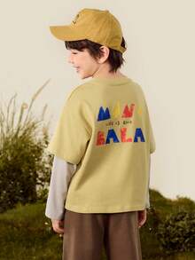 mini bala Boys Two-Layer Cotton Long Sleeve Tee Soft Breathable Stylish Casual Top - Khaki - View 3