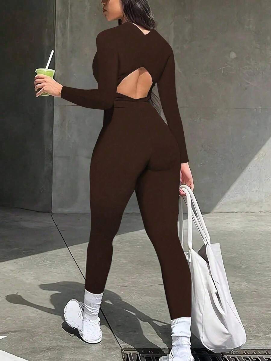 Casual Classic Crew Neck Back Cross Front Zipper Long Sleeve Jumpsuit Unitard Spring/Summer New Arrival Backless - Coffee Brown - View 1