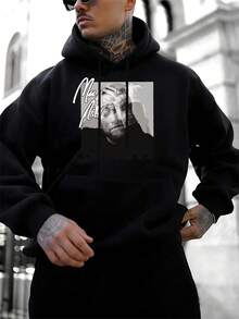 Men's Casual Hoodie With Artistic Face Print,Streetwear Style,Loose Fit Sweatshirt For Men,Soft And Comfortable Pullover Jumper