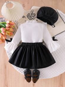 3 Stücke Baby Mädchen Mode Elegantes Set, Weißes Spitzenkragen Rüschenärmel Lässig Bluse und Kunstleder Rock mit Hut