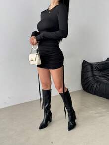 Vestido ajustado de manga larga con cordón en la cintura, estilo europeo y americano, talla grande vendido para mujeres, otoño/invierno