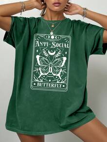 1 件复古蝴蝶塔罗牌圆领 T 恤，涤纶针织面料，字母图案，女士精神女巫时尚 T 恤，春夏秋款