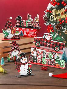 1 set Adorno de madera navideño, diseño de muñeco de nieve, Papá Noel y hombre de jengibre a cuadros rojos y negros, decoración de mesa navideña, decoración de escritorio para fiesta de Navidad, decoración navideña, decoración del hogar, regalo de Navidad, regalo conmemorativo para un ser querido, decoración festiva, decoración de estilo granja, decoración de mesa de cocina, regalo de Navidad creativo DIY, decoración navideña