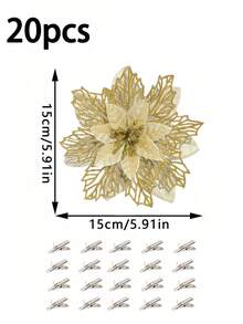 20 件/10 件/1 件人造一品红花（带夹子），闪闪发光的圣诞装饰，闪光圣诞花环 DIY，派对花艺，适用于婚礼派对，新年装饰，圣诞节派对装饰，家居装饰，可爱的人造花圣诞树装饰，冬季灌木装饰，适用于圣诞新年婚礼派对花环，楼梯窗户壁炉圣诞树装饰品 - 金色 - 查看 8