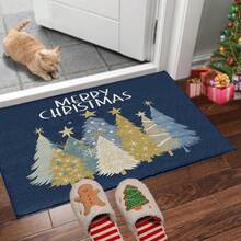 1 pièce Tapis de cuisine, de porte, de salle de bain, de chambre à coucher, de salle à manger, décoration de maison, décoration de fête, décoration de Noël, en matériau imitation cachemire doux avec motif d'arbres de Noël colorés sur fond rouge et bleu, avec support en TPR, long/court - Multicolore - Voir 4